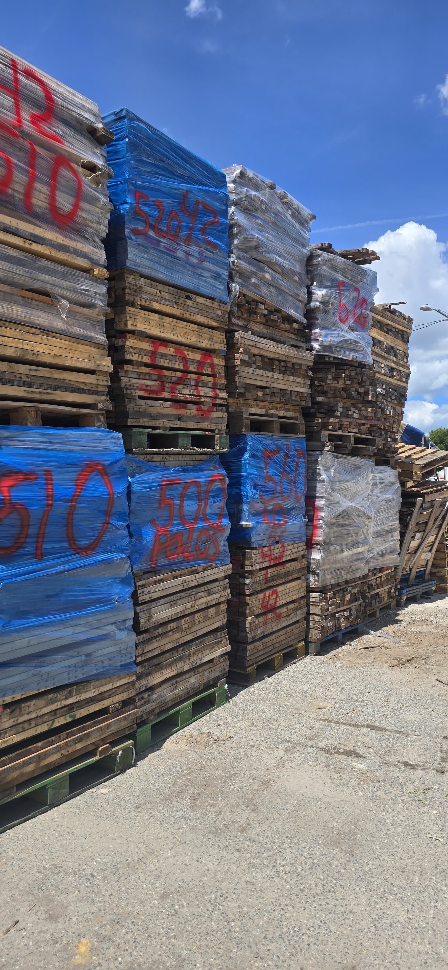 Pallets wrapped in blue plastic with quantity markings